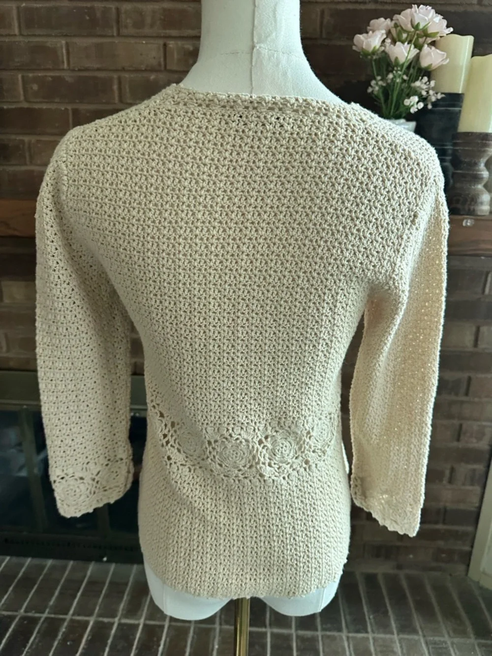 J.Crew Cream Crochet Floral Cutout V-Neck Sweater Top Boho Cottagecore S
